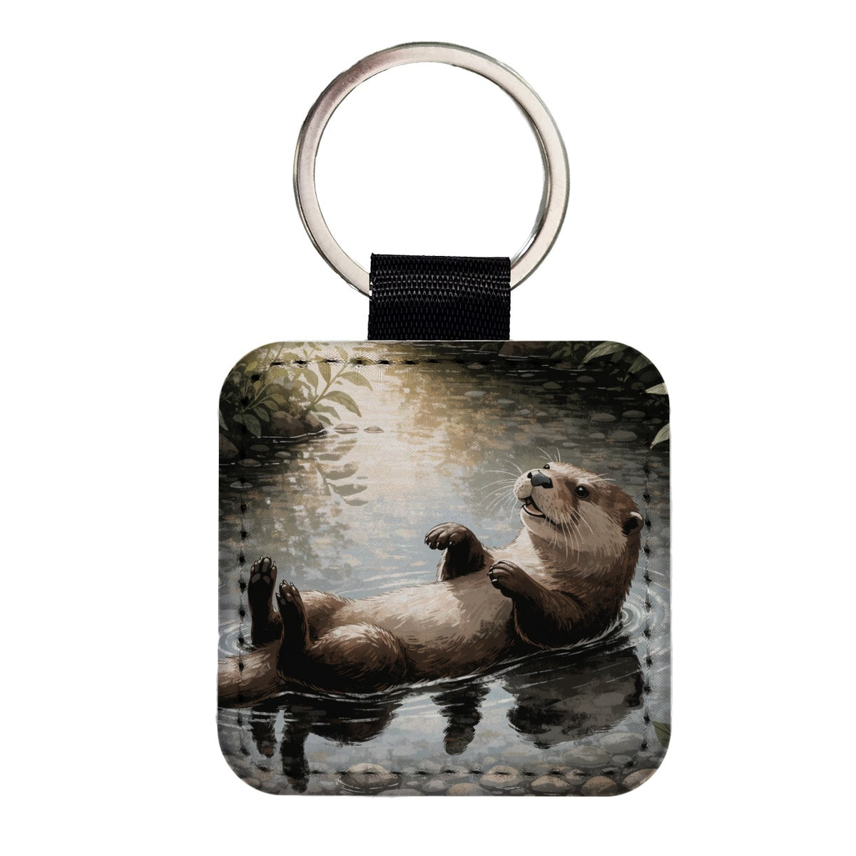 Playful River Otter Square Faux Leather Keychain