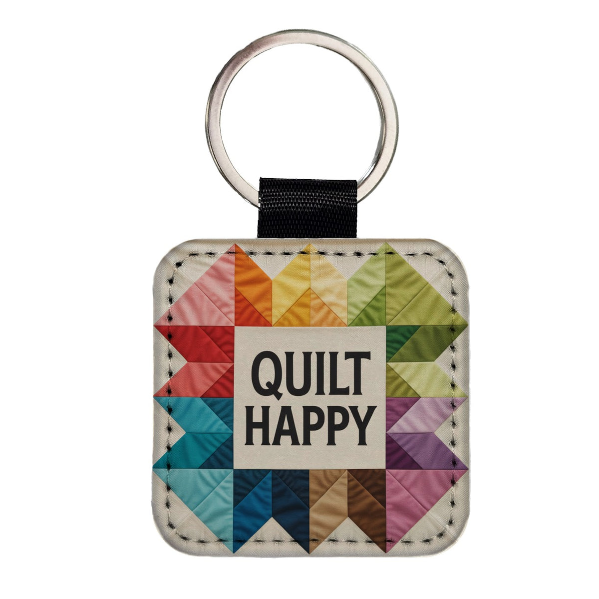 Quilt Happy Colorful Quilting Square Faux Leather Keychain