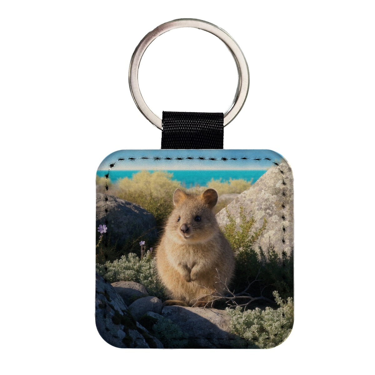 Quokka Island Landscape Square Faux Leather Keychain