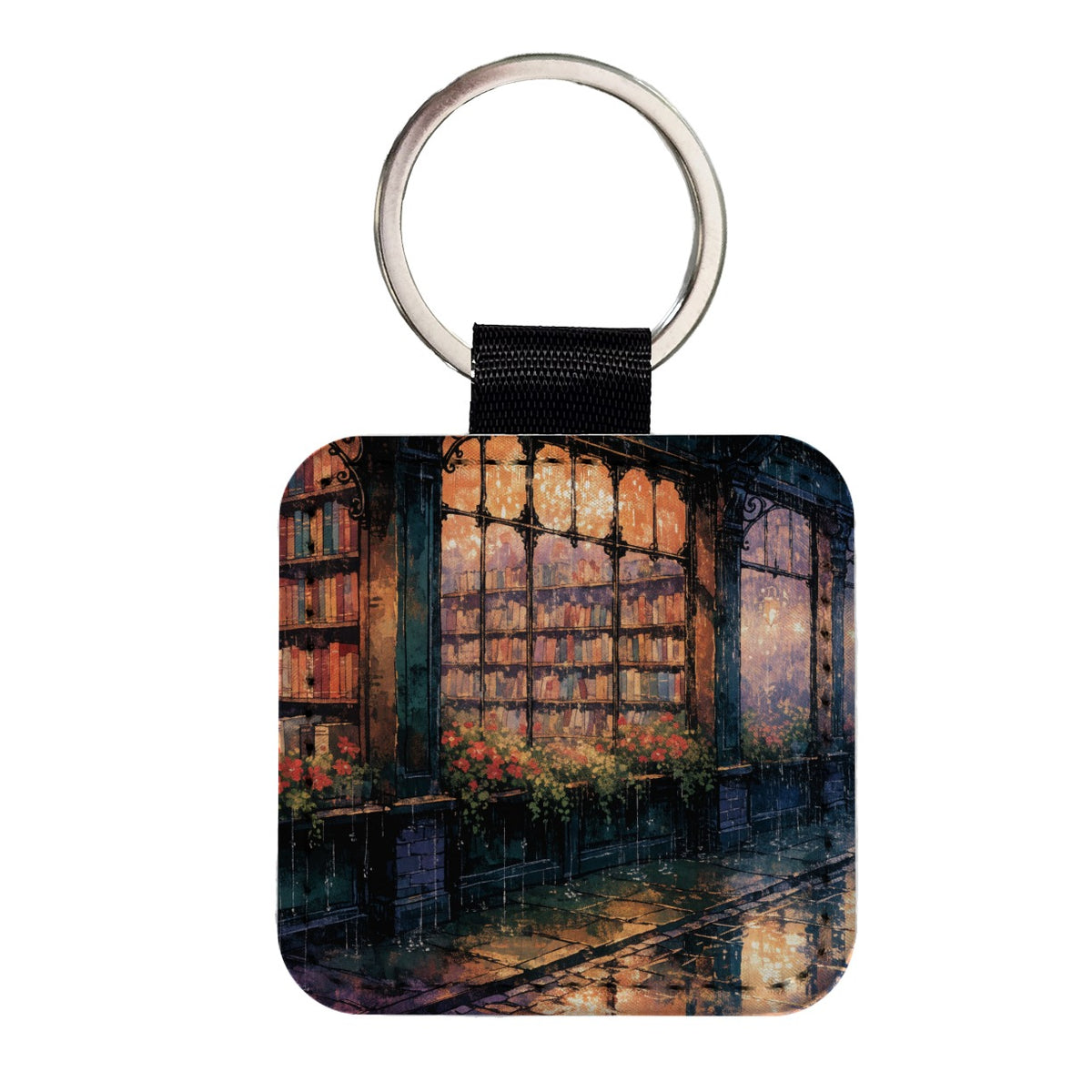 Rainy Bookshop Street Square Faux Leather Keychain