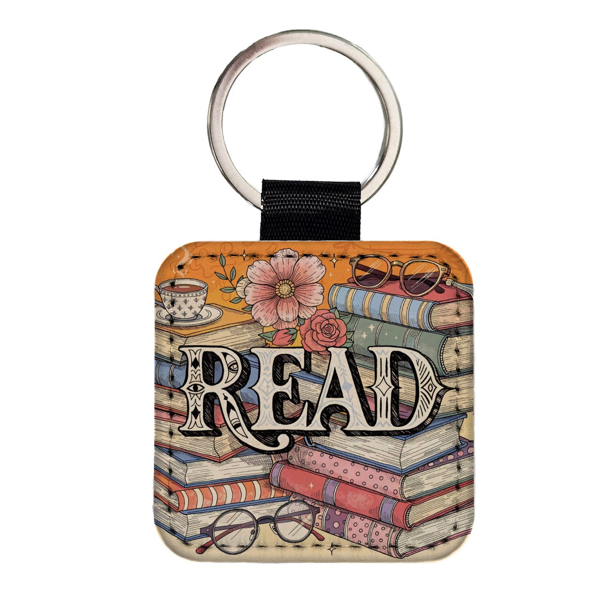 Read Stack Of Books Reading Square Faux Leather Keychain