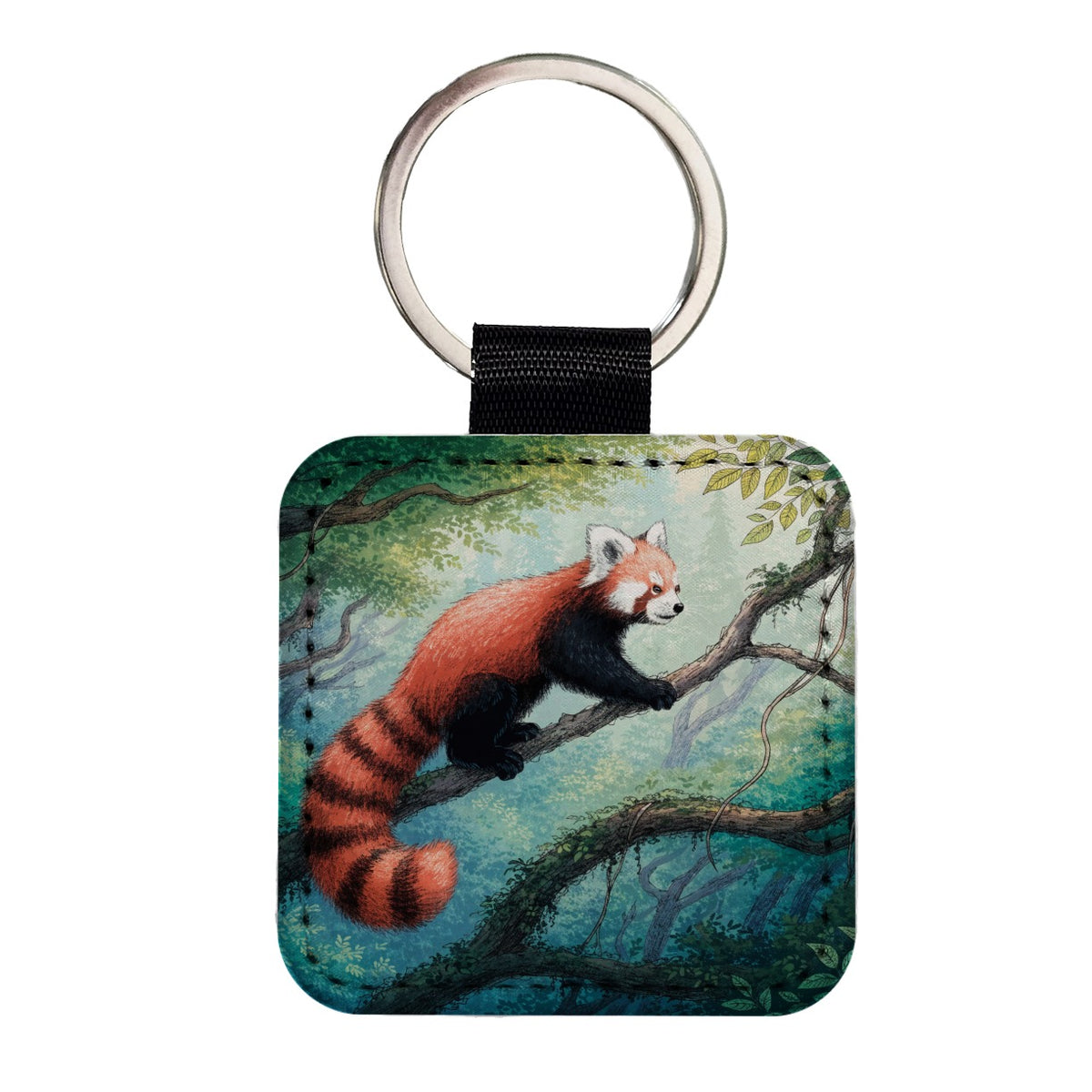 Red Panda Forest Square Faux Leather Keychain