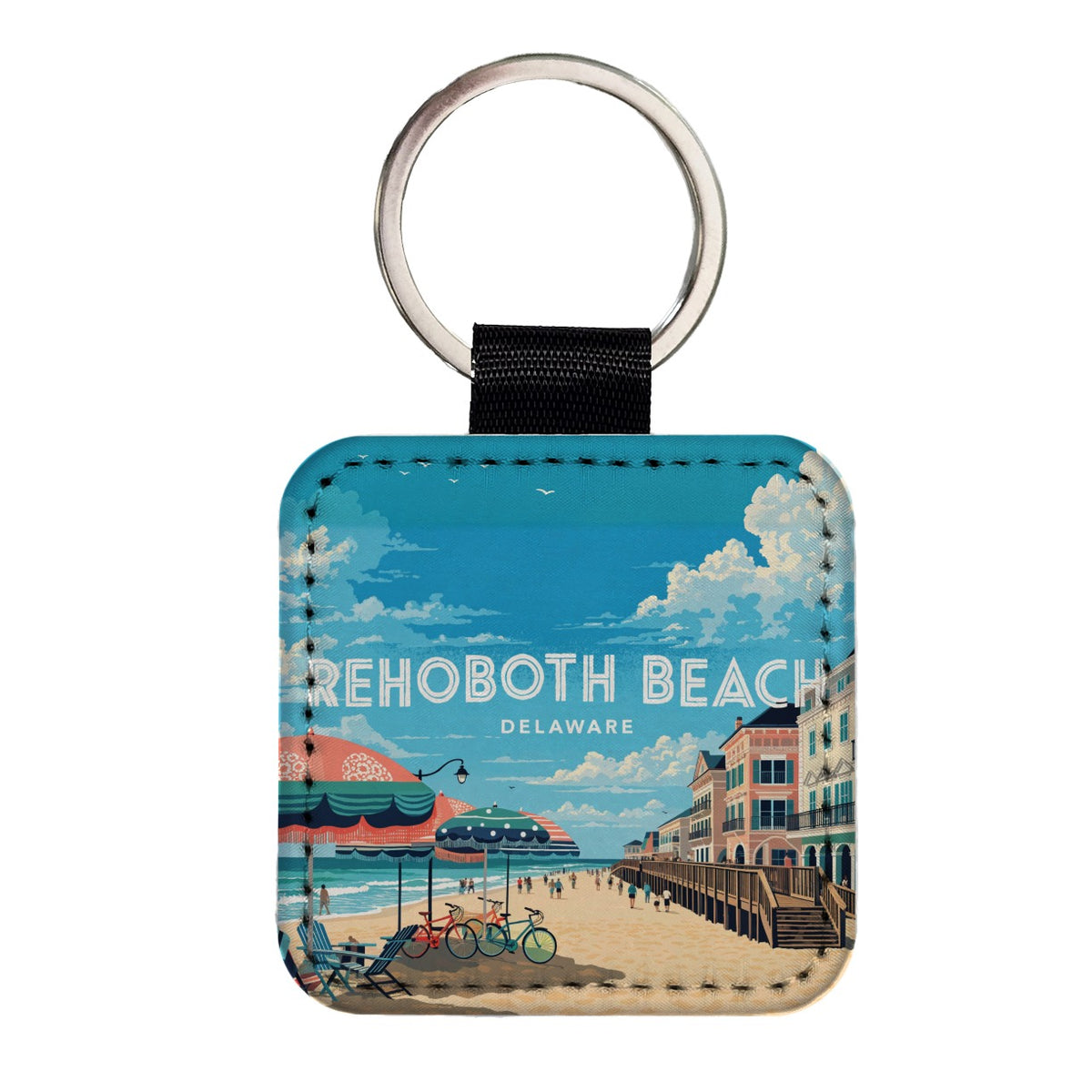 Rehoboth Beach Delaware Travel Square Faux Leather Keychain