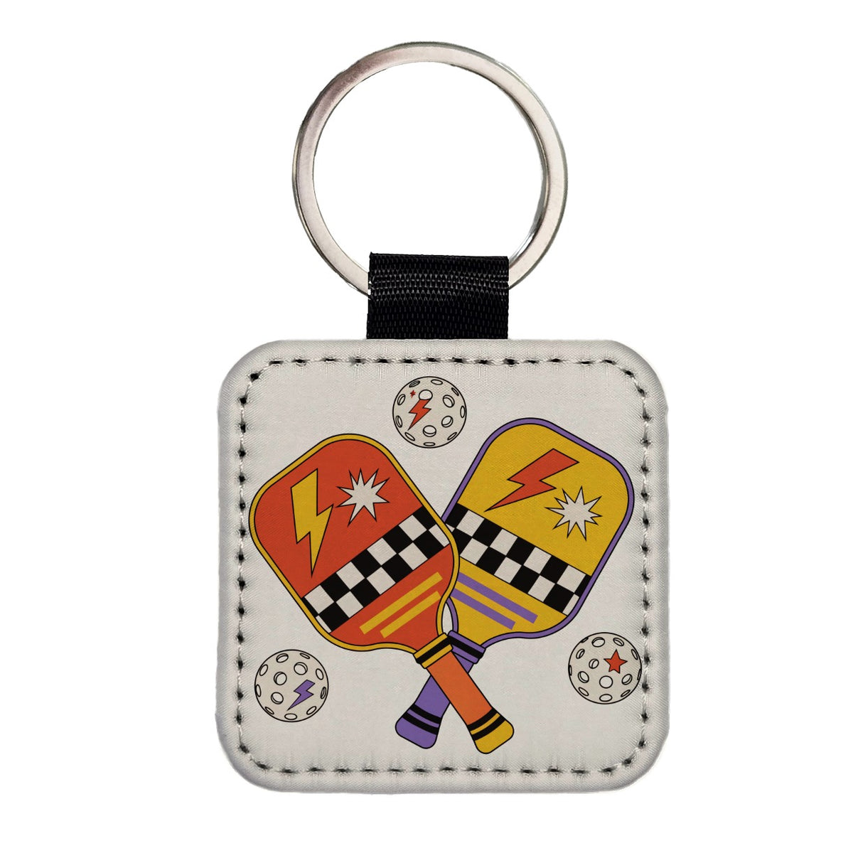 Retro Pickleball Paddles Balls Square Faux Leather Keychain
