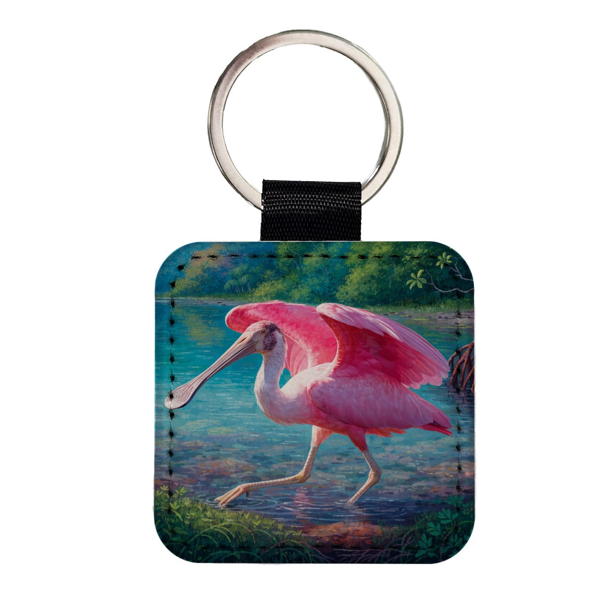 Roseate Spoonbill Wetlands Square Faux Leather Keychain