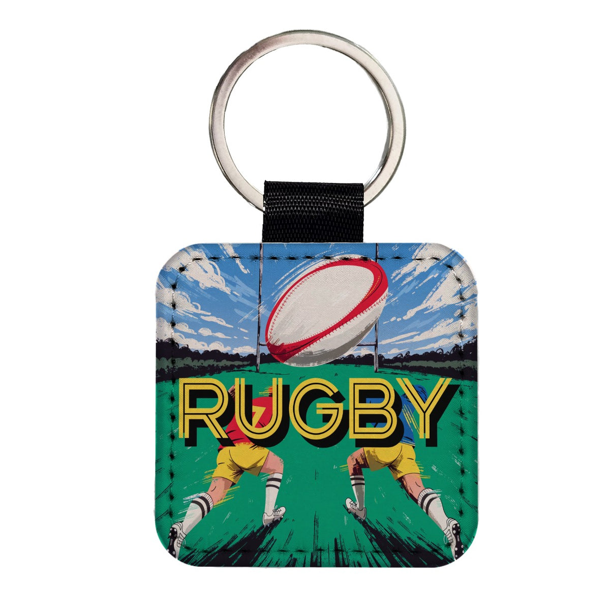Rugby Ball Sports Square Faux Leather Keychain