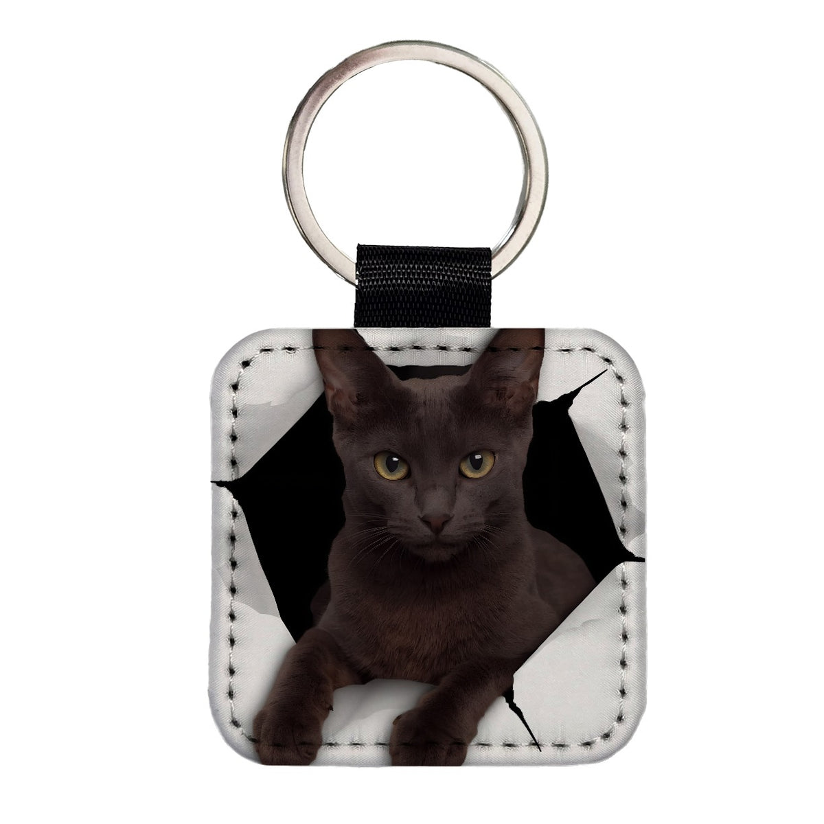 Russian Blue Cat Breakout Square Faux Leather Keychain