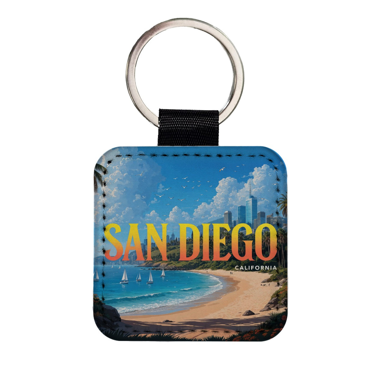 San Diego California Travel Square Faux Leather Keychain