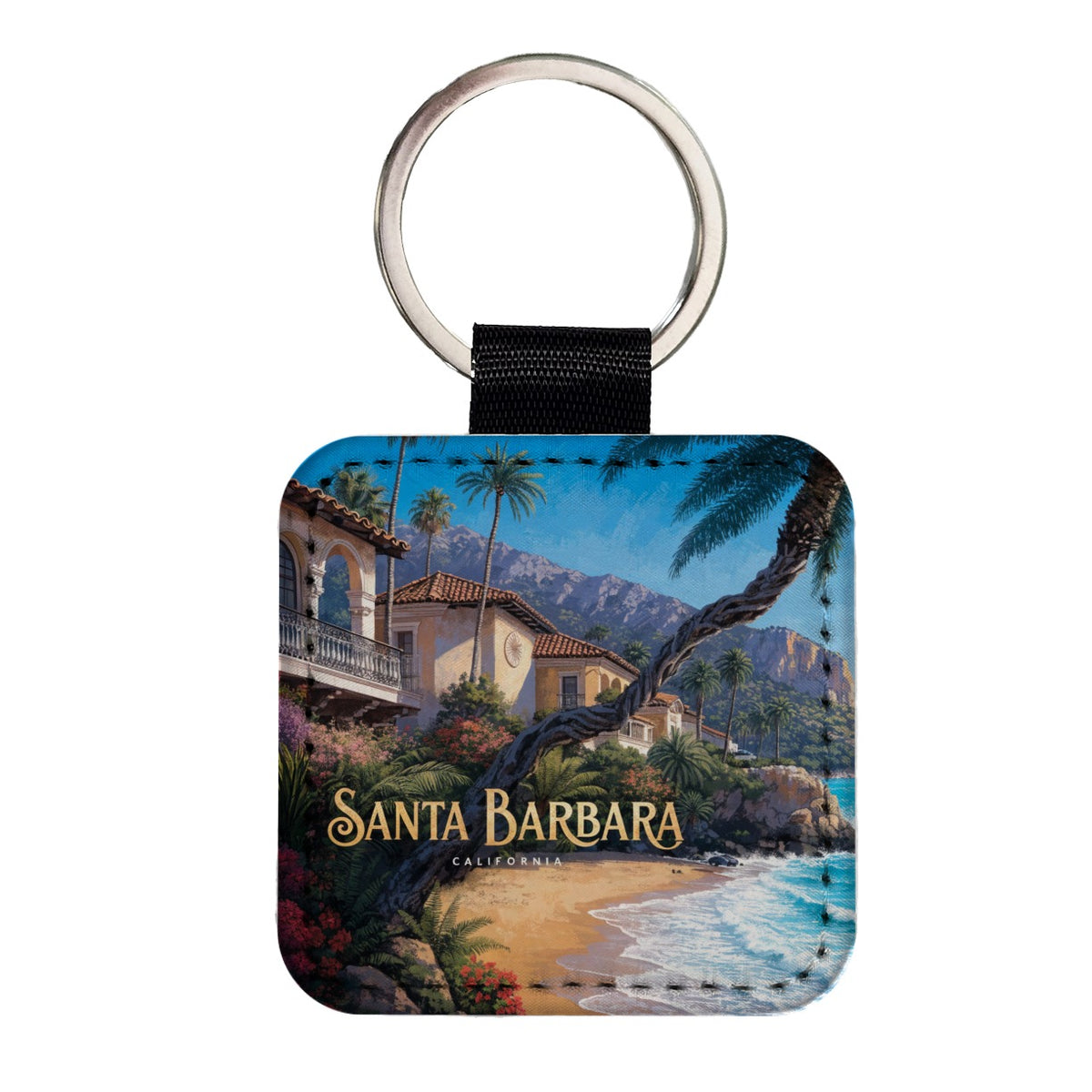 Santa Barbara California Travel Square Faux Leather Keychain