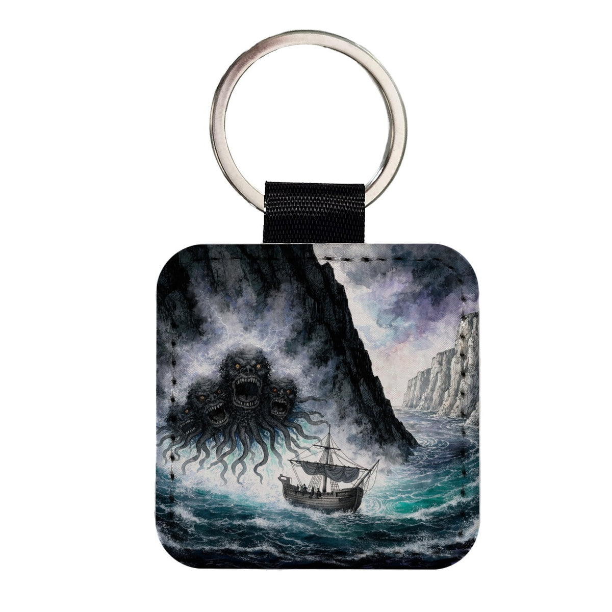 Scylla Greek Sea Monster Square Faux Leather Keychain