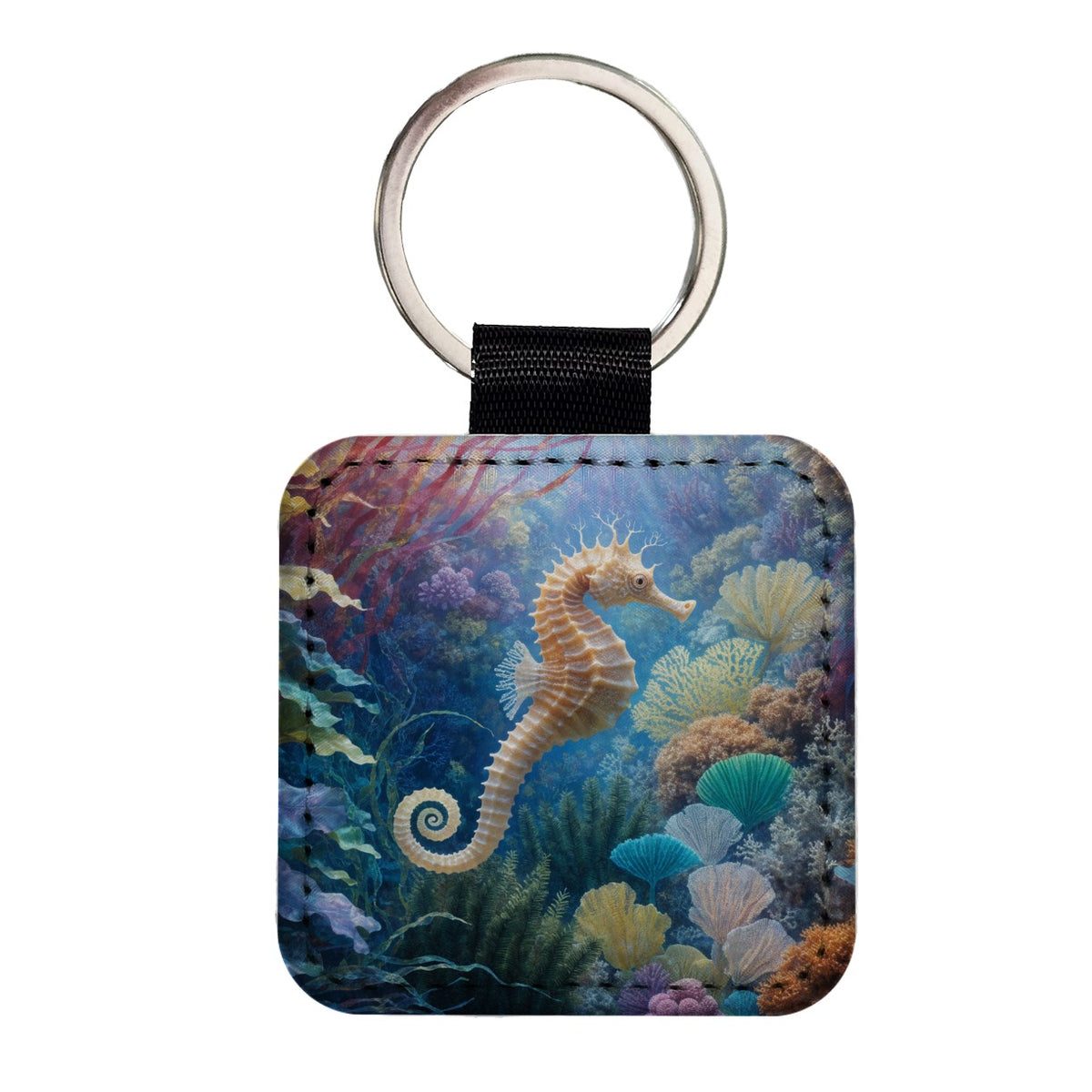 Seahorse Coral Reef Square Faux Leather Keychain