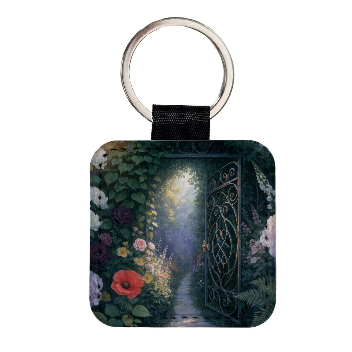 Secret Flower Garden Gate Square Faux Leather Keychain