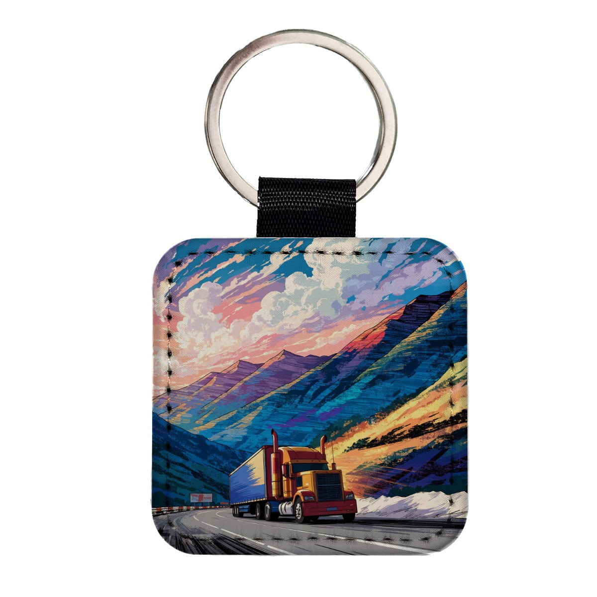 Semi Truck Traveling Driver Mountain Square Faux Leather Keychain