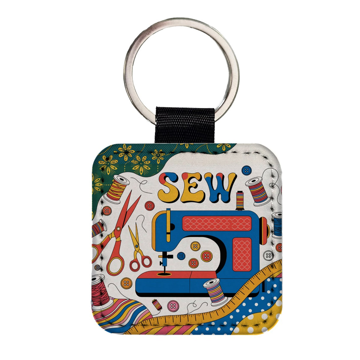 Sew Colorful Sewing Machine Square Faux Leather Keychain