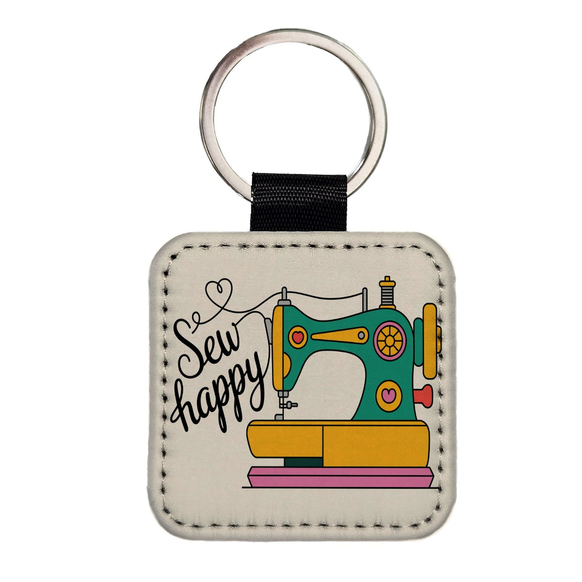 Sew Happy Sewing Machine Cute Square Faux Leather Keychain