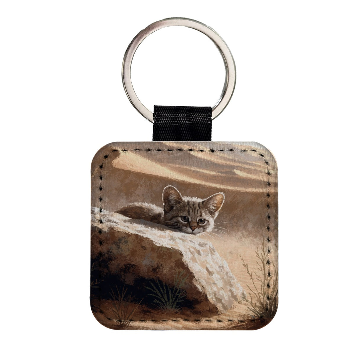 Small Sand Cat Square Faux Leather Keychain