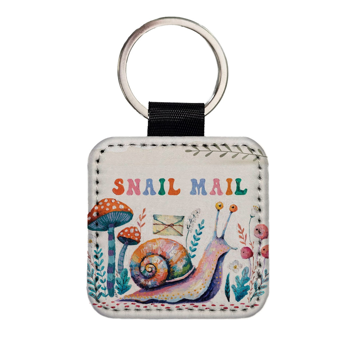 Snail Mail Whimsical Square Faux Leather Keychain