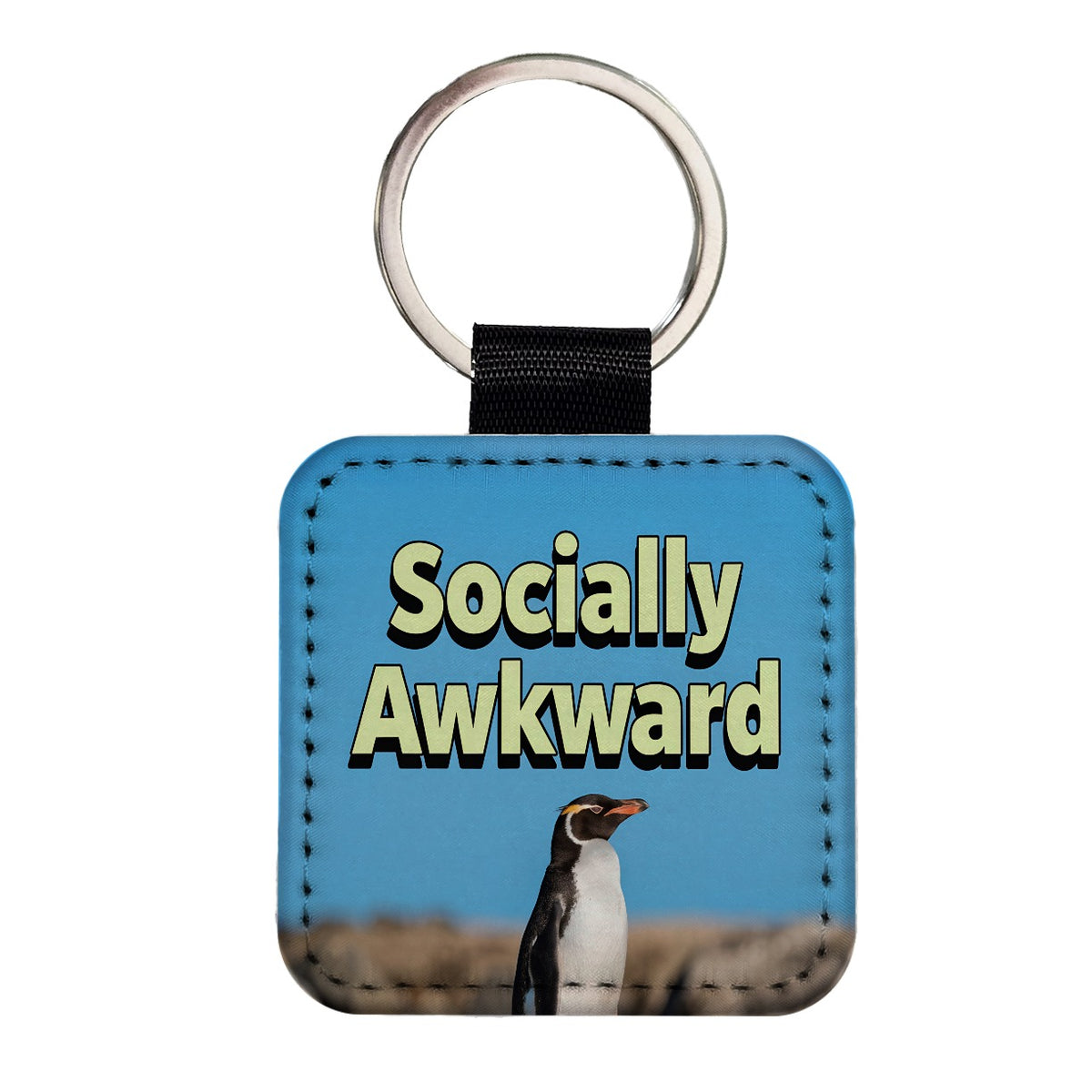 Socially Awkward Penguin Funny Square Faux Leather Keychain