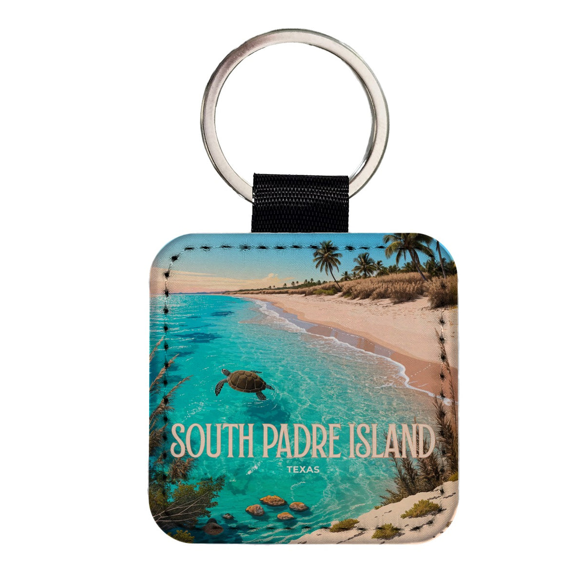 South Padre Island Texas Travel Square Faux Leather Keychain