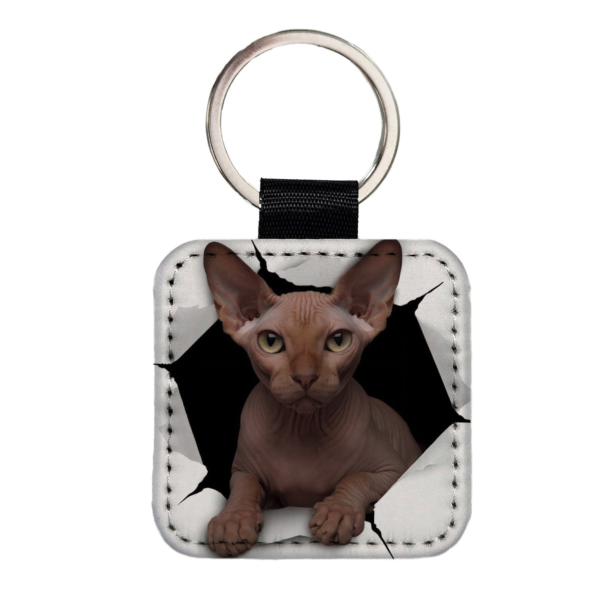 Sphynx Cat Breakout Square Faux Leather Keychain