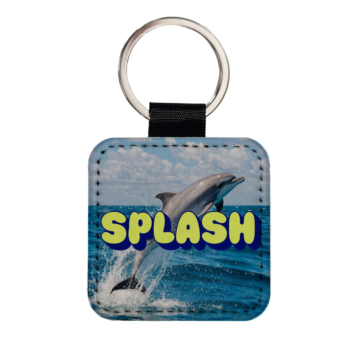 Splash Dolphin Jumping Fun Square Faux Leather Keychain