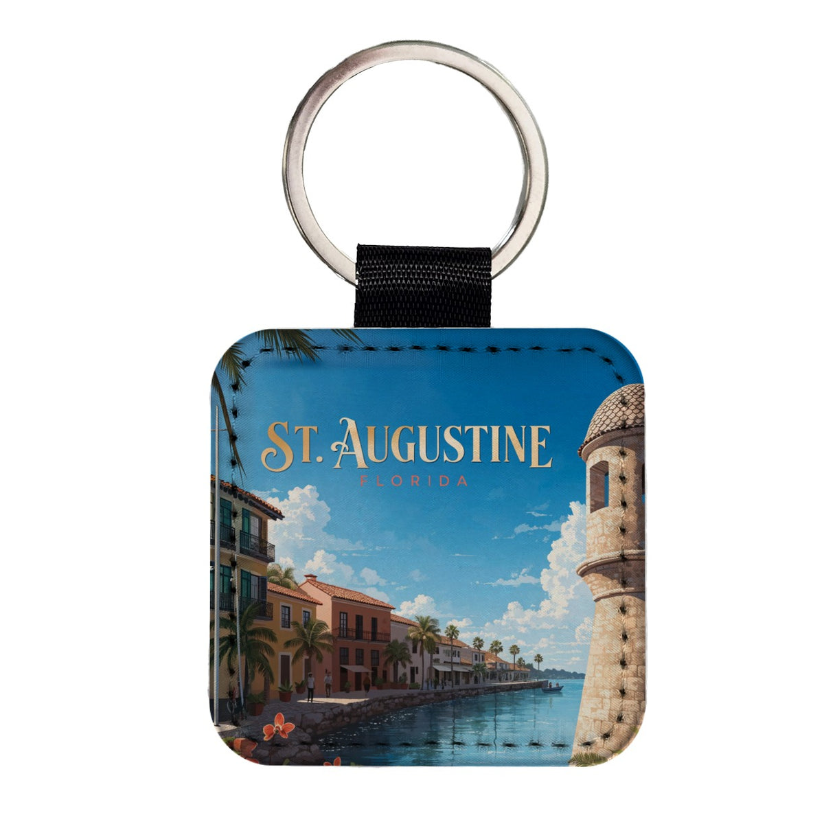 St Augustine Florida Travel Square Faux Leather Keychain