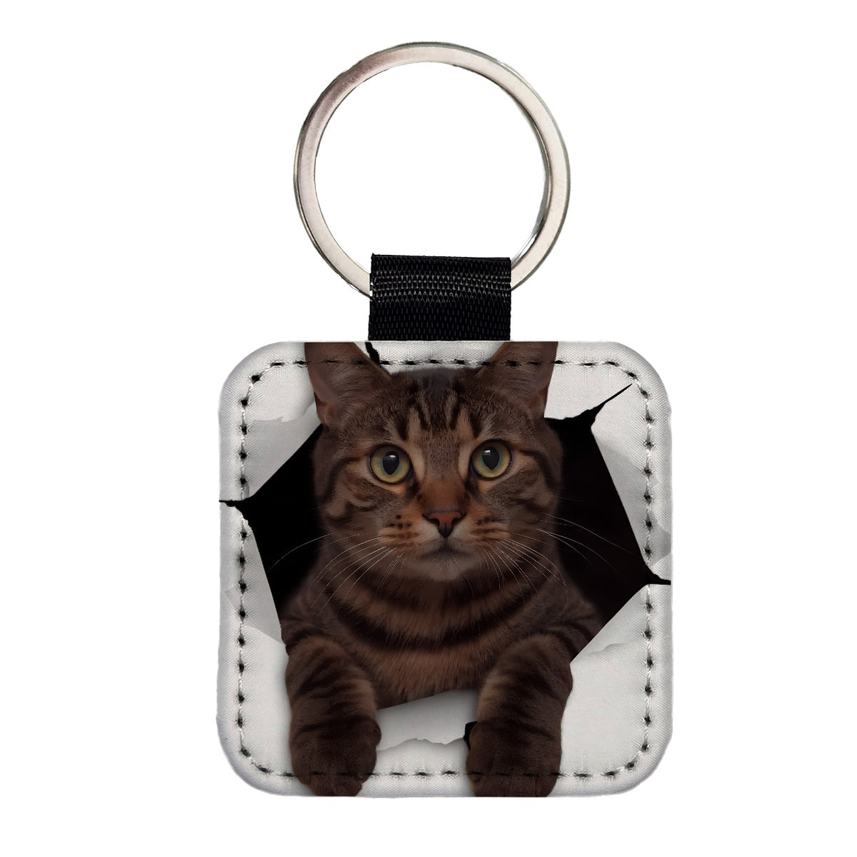 Tabby Cat Breakout Square Faux Leather Keychain