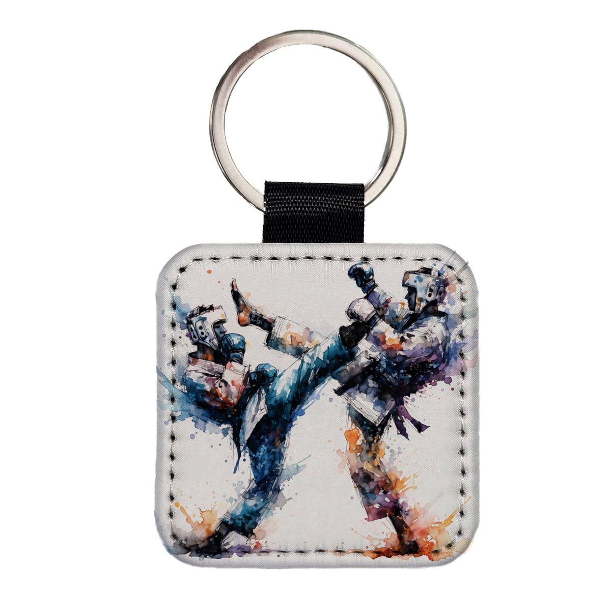 Taekwondo Karate Black Belt Sparring Square Faux Leather Keychain
