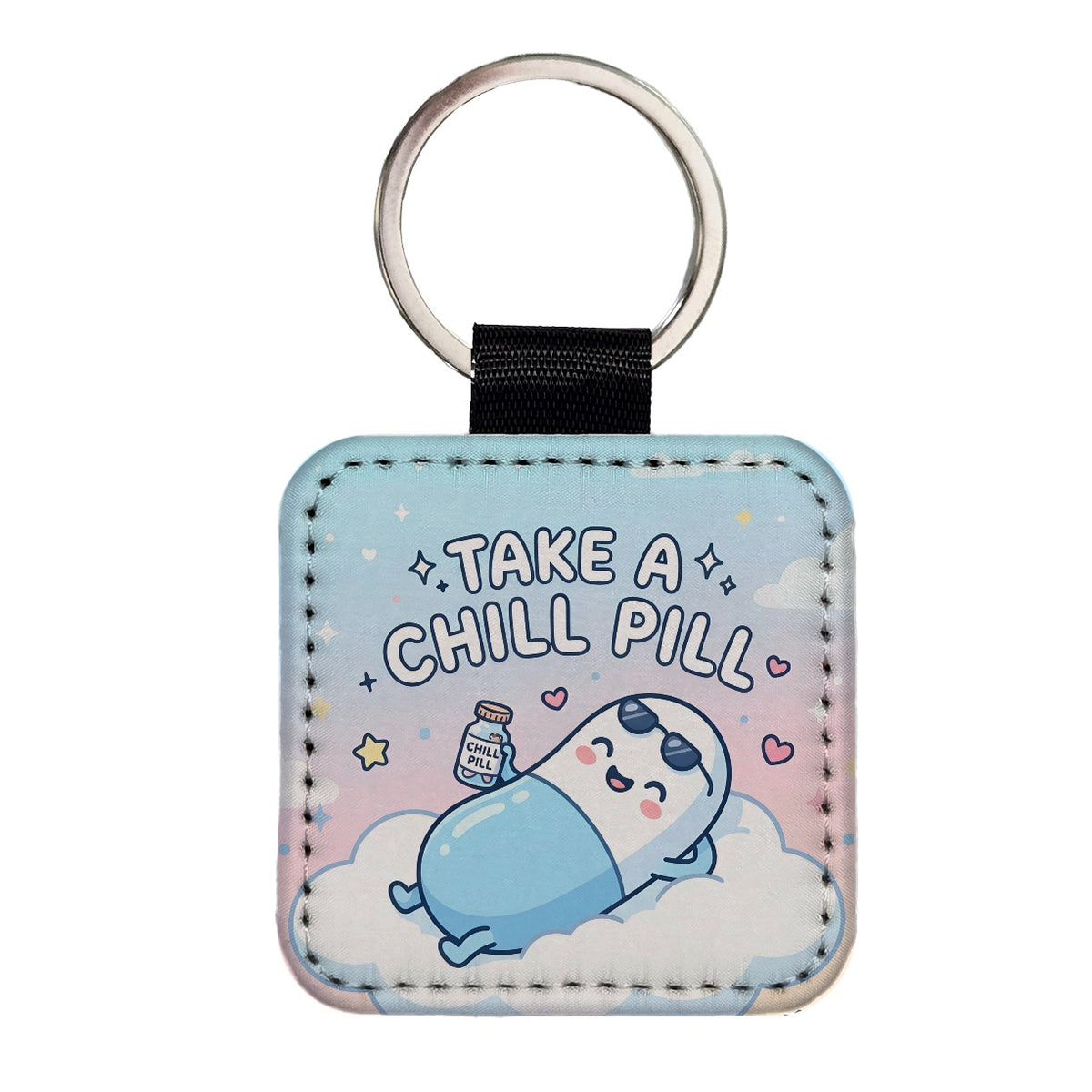 Take Chill Pill Cloud Funny Square Faux Leather Keychain