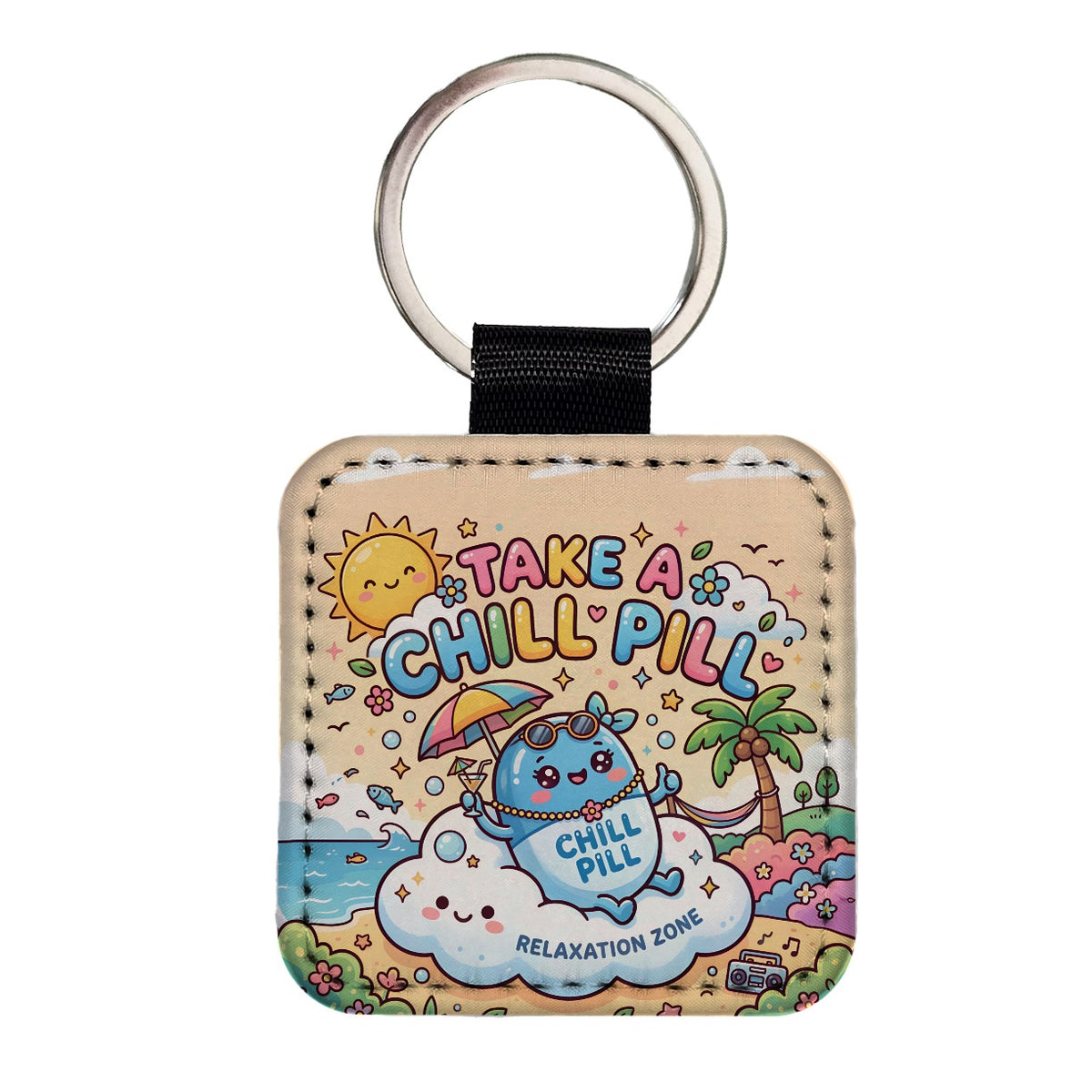 Take Chill Pill Cute Square Faux Leather Keychain