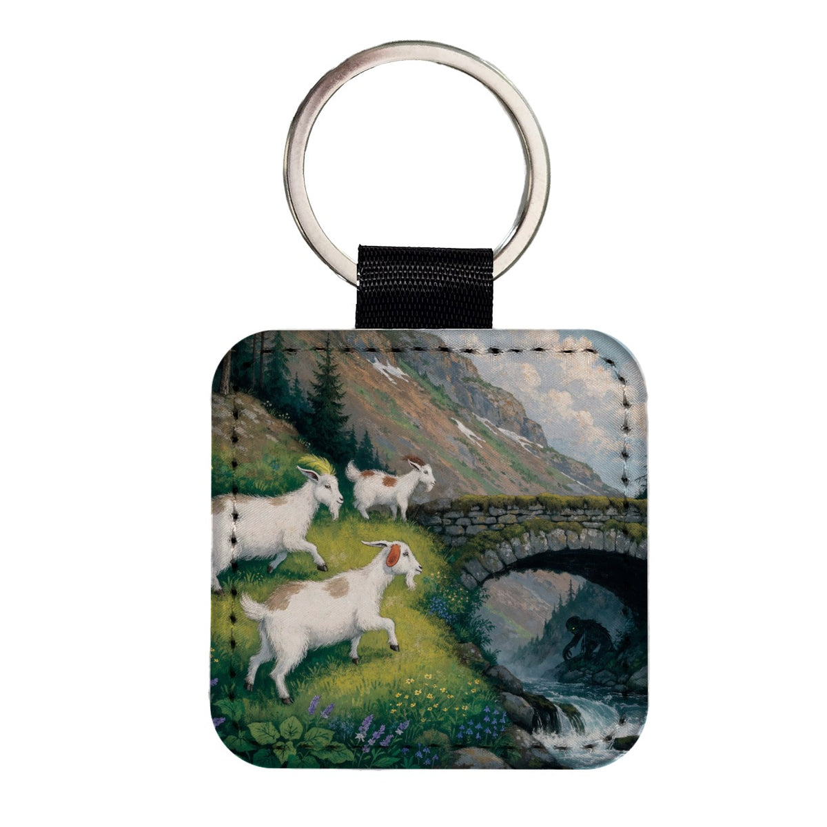 Three Billy Goats Gruff Square Faux Leather Keychain
