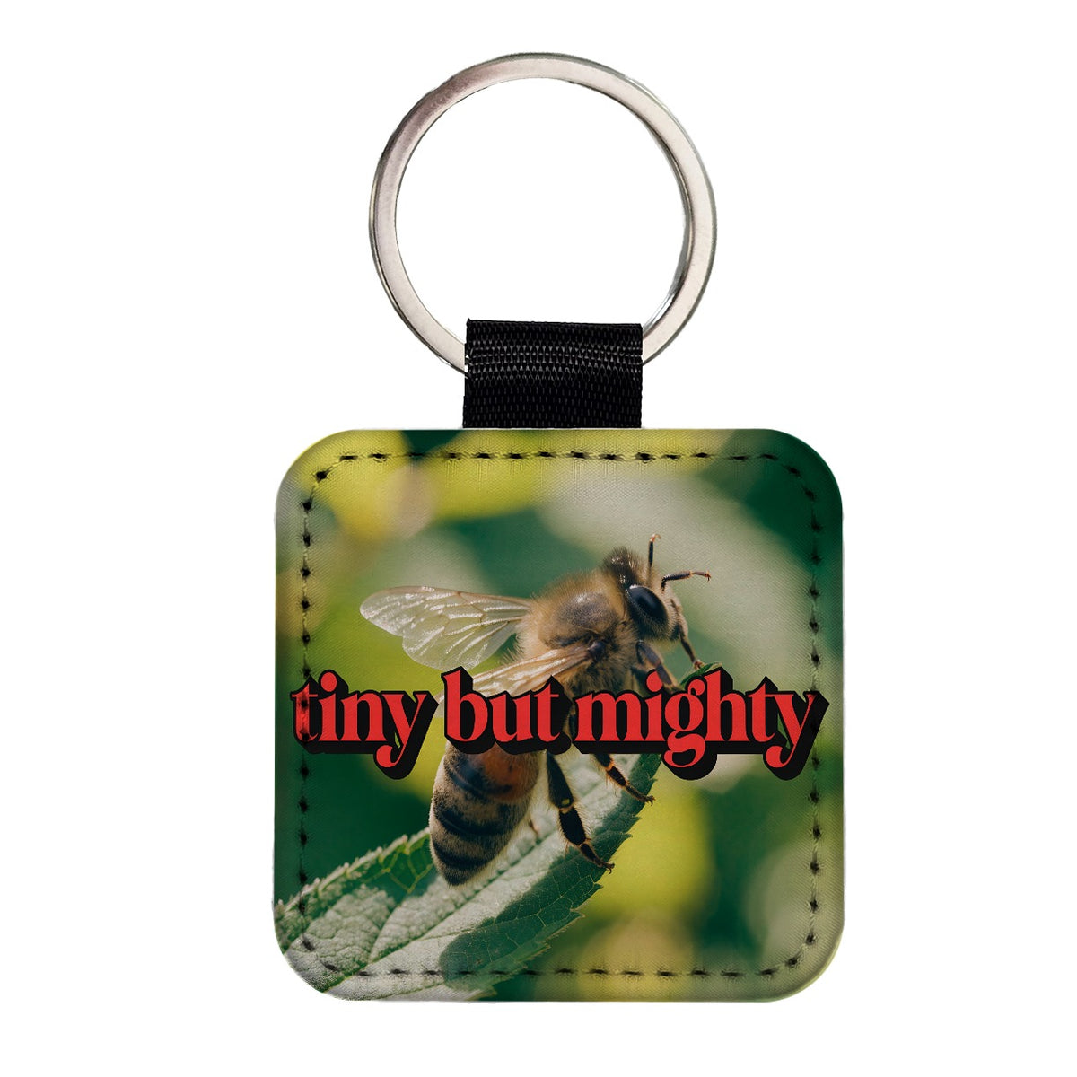 Tiny But Mighty Bee Funny Square Faux Leather Keychain