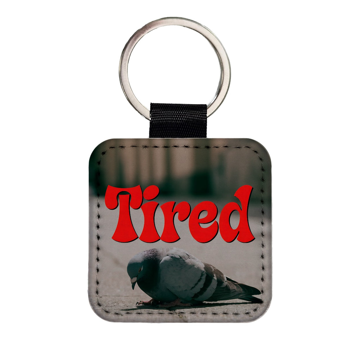 Tired Pigeon Funny Square Faux Leather Keychain