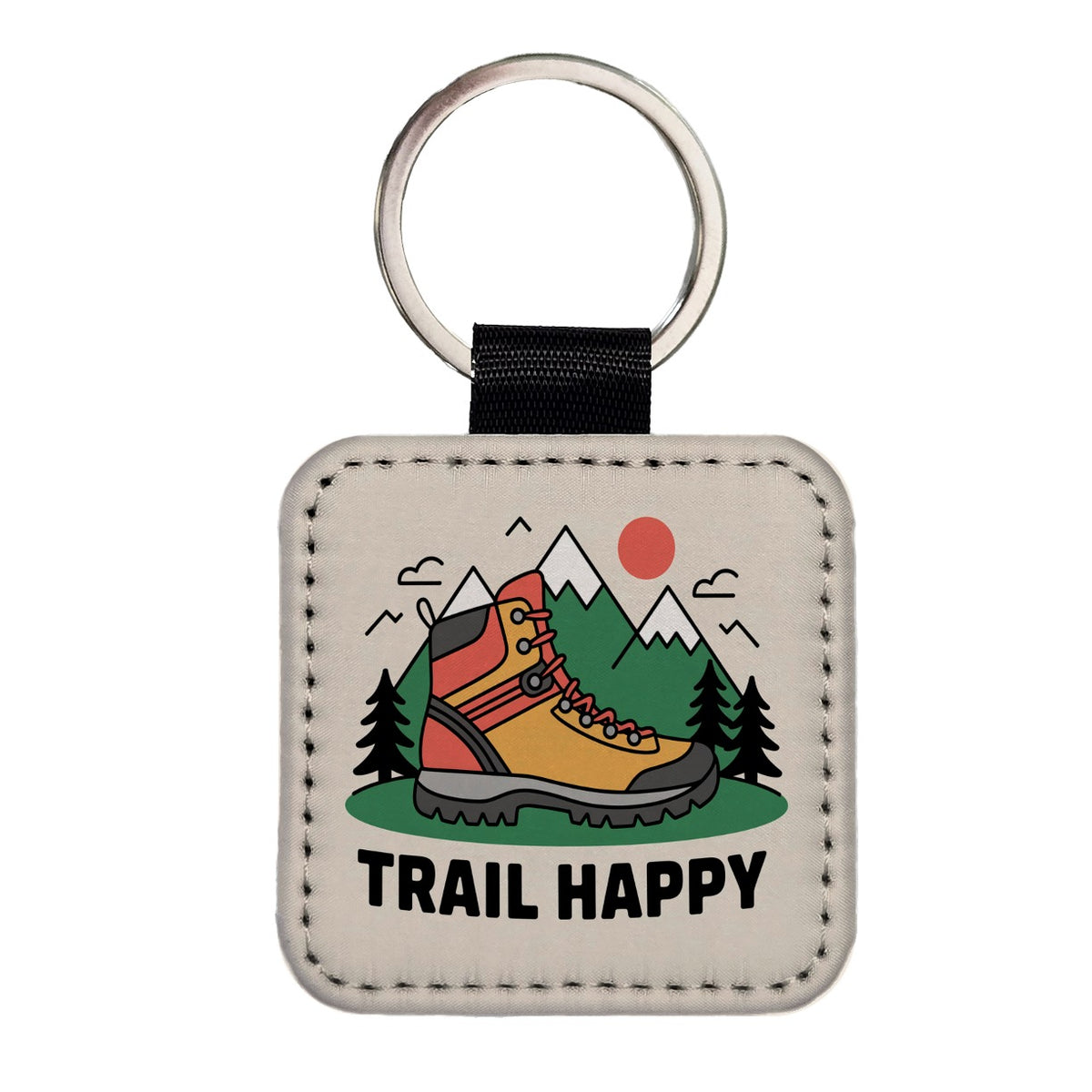 Trail Happy Hiking Boot Mountains Hiker Square Faux Leather Keychain