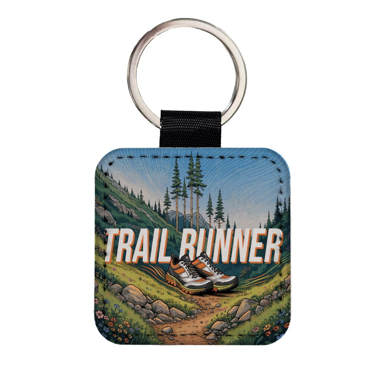 Trail Runner Running Square Faux Leather Keychain