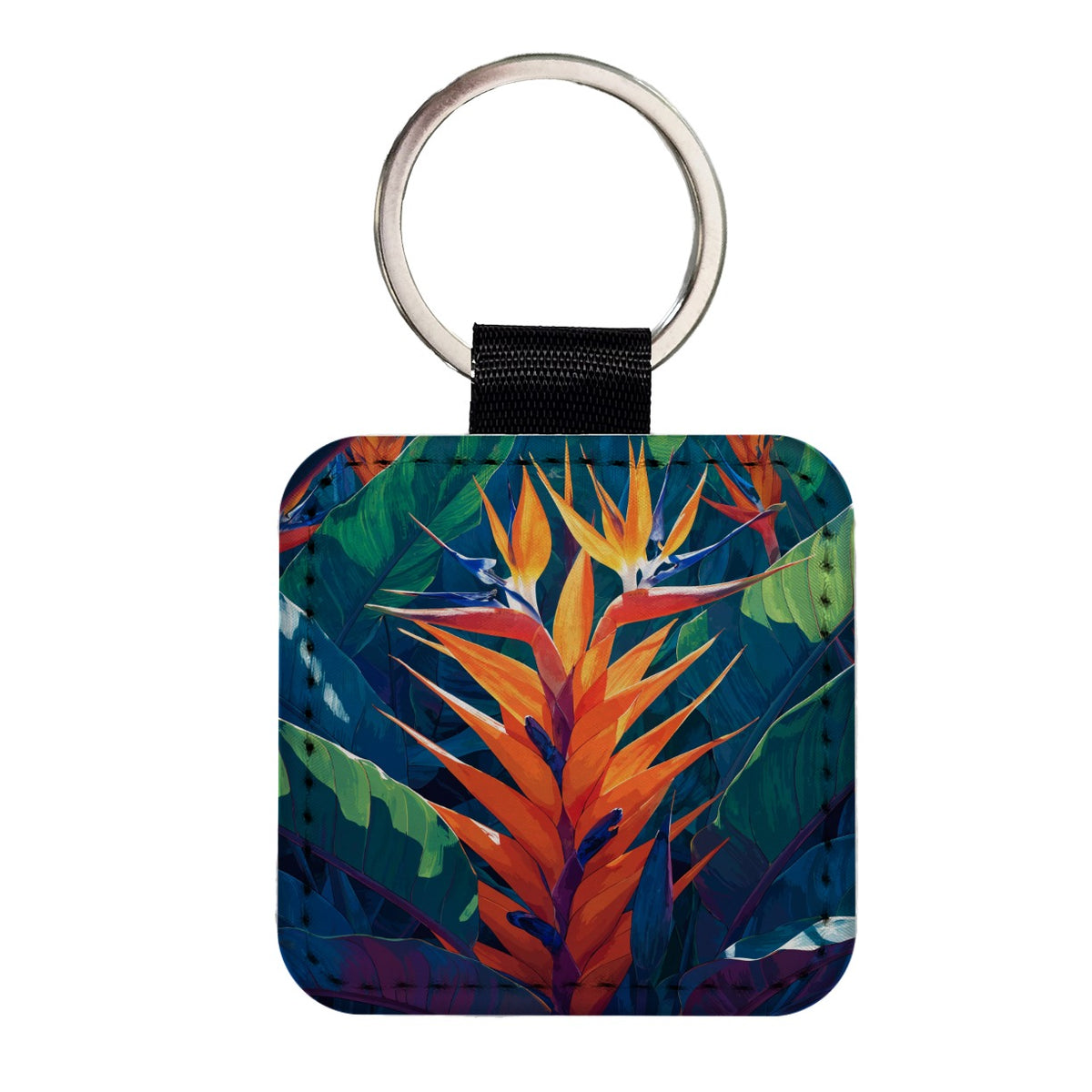 Tropical Bird Paradise Flowers Square Faux Leather Keychain