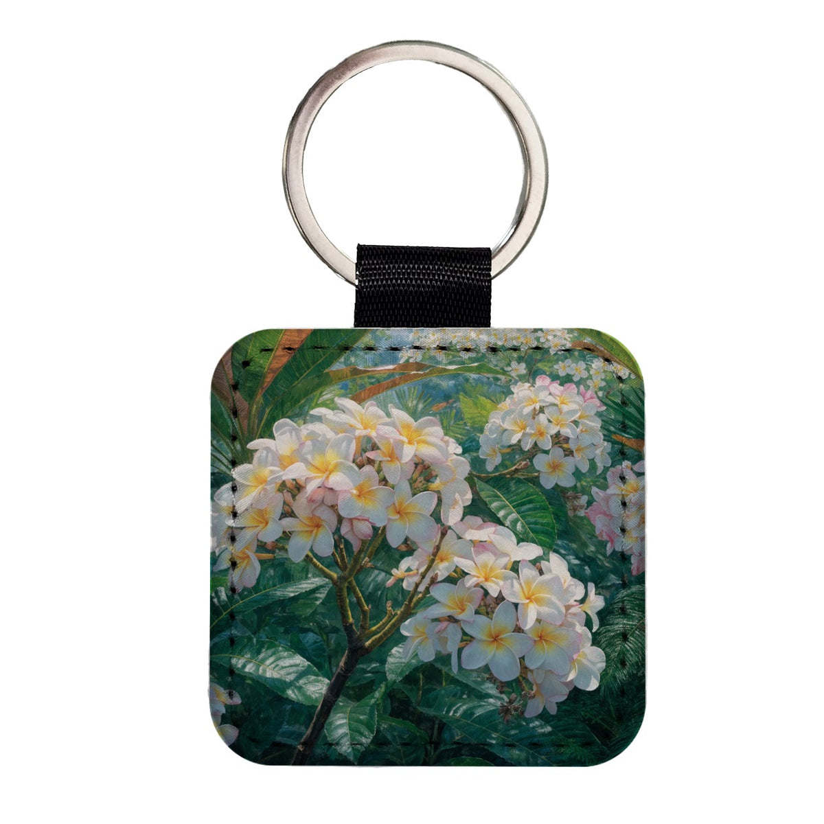 Tropical Frangipani Flowers Square Faux Leather Keychain