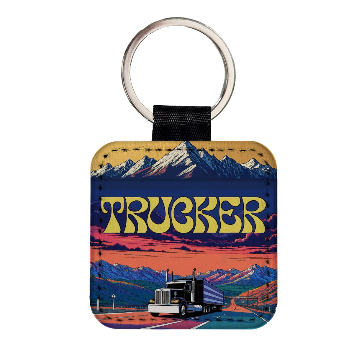 Trucker Semi Truck Driver Square Faux Leather Keychain