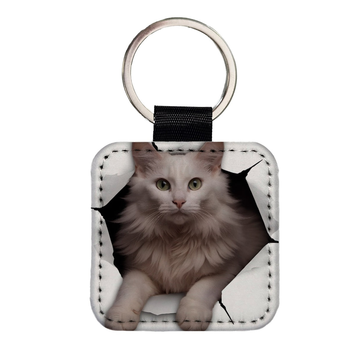 Turkish Angora Cat Breakout Square Faux Leather Keychain