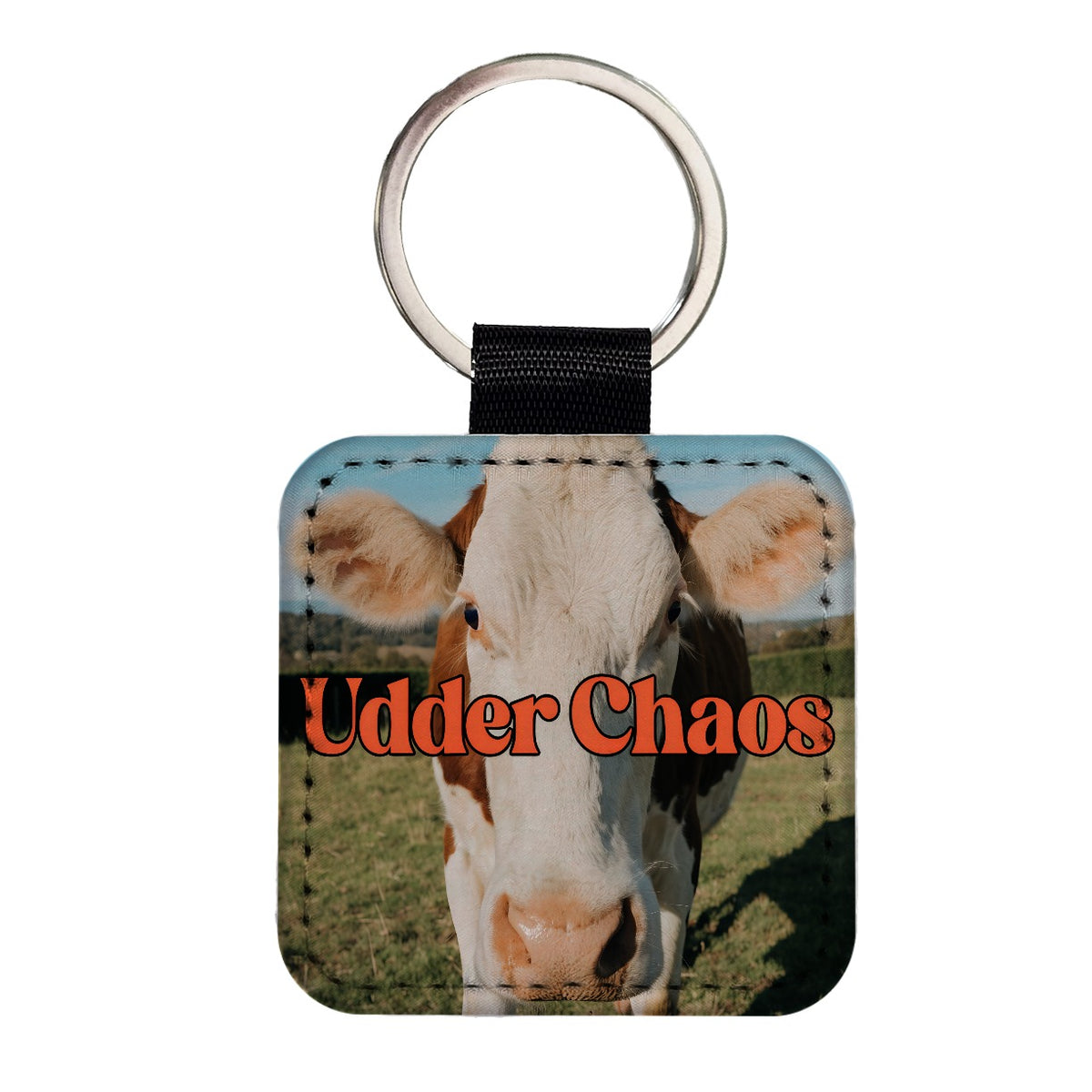 Udder Chaos Cow Funny Square Faux Leather Keychain
