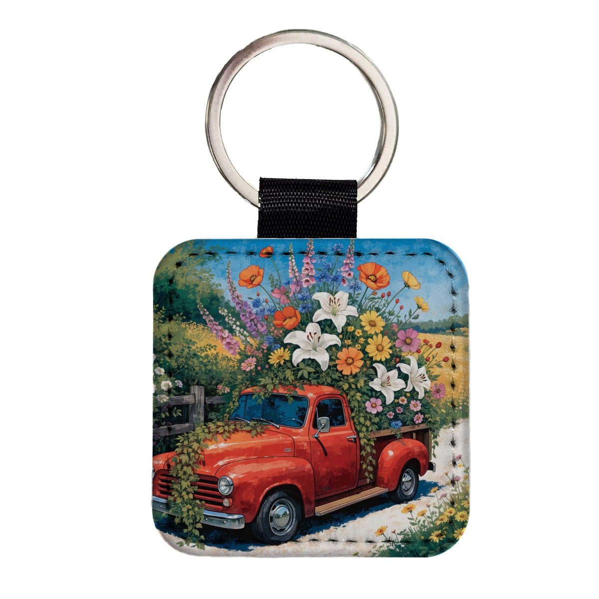Vintage Flower Truck Square Faux Leather Keychain