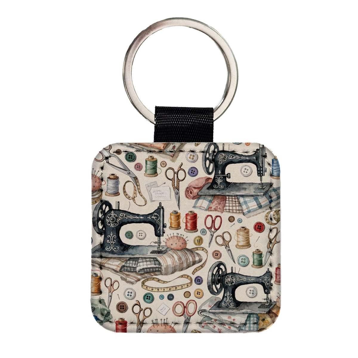 Vintage Sewing Machines Notions Square Faux Leather Keychain