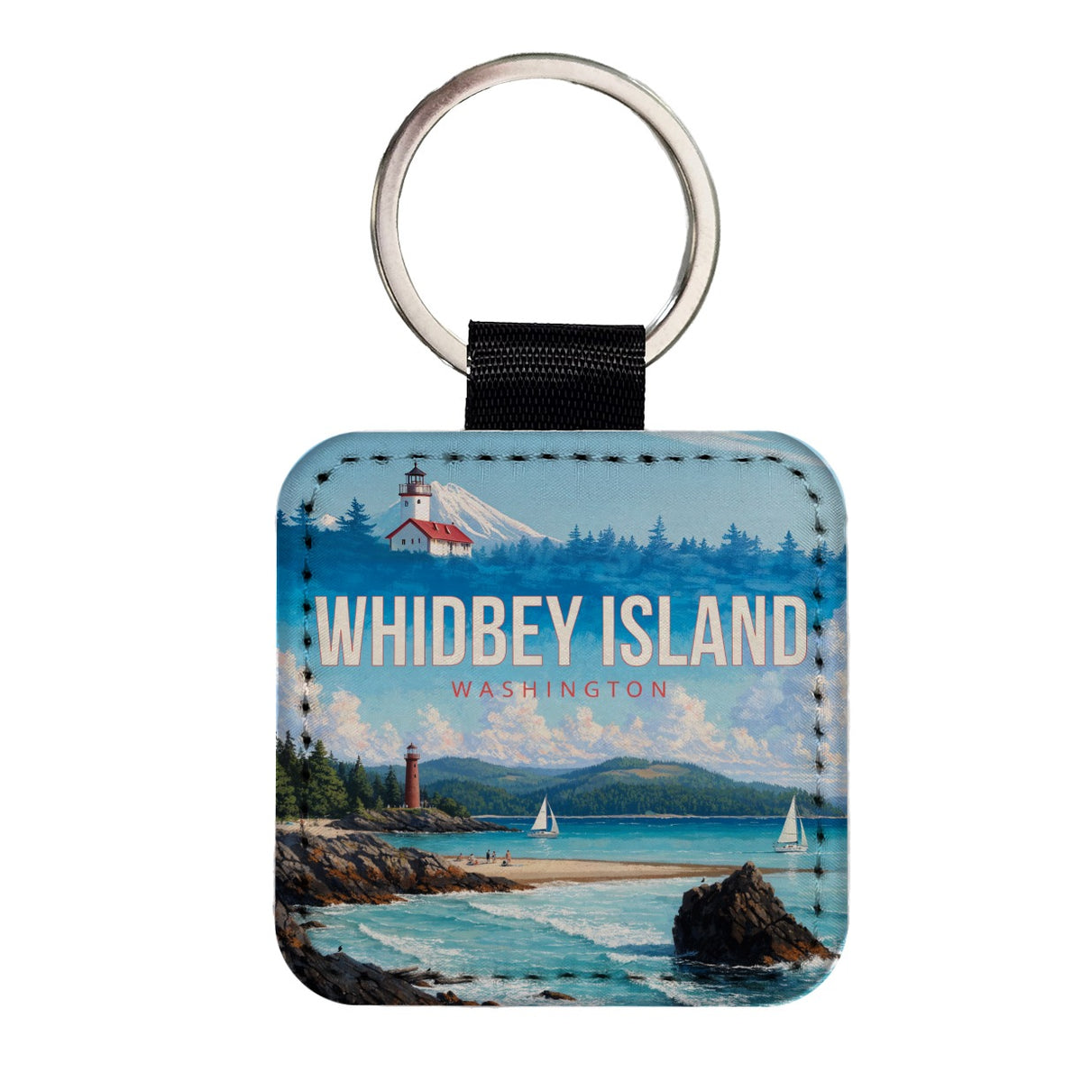 Whidbey Island Washington Travel Square Faux Leather Keychain