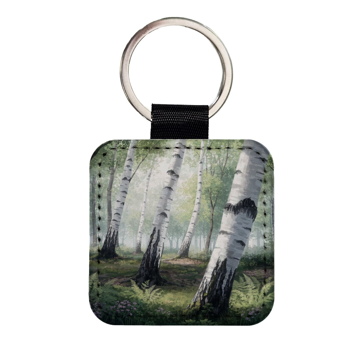 White Birch Forest Square Faux Leather Keychain