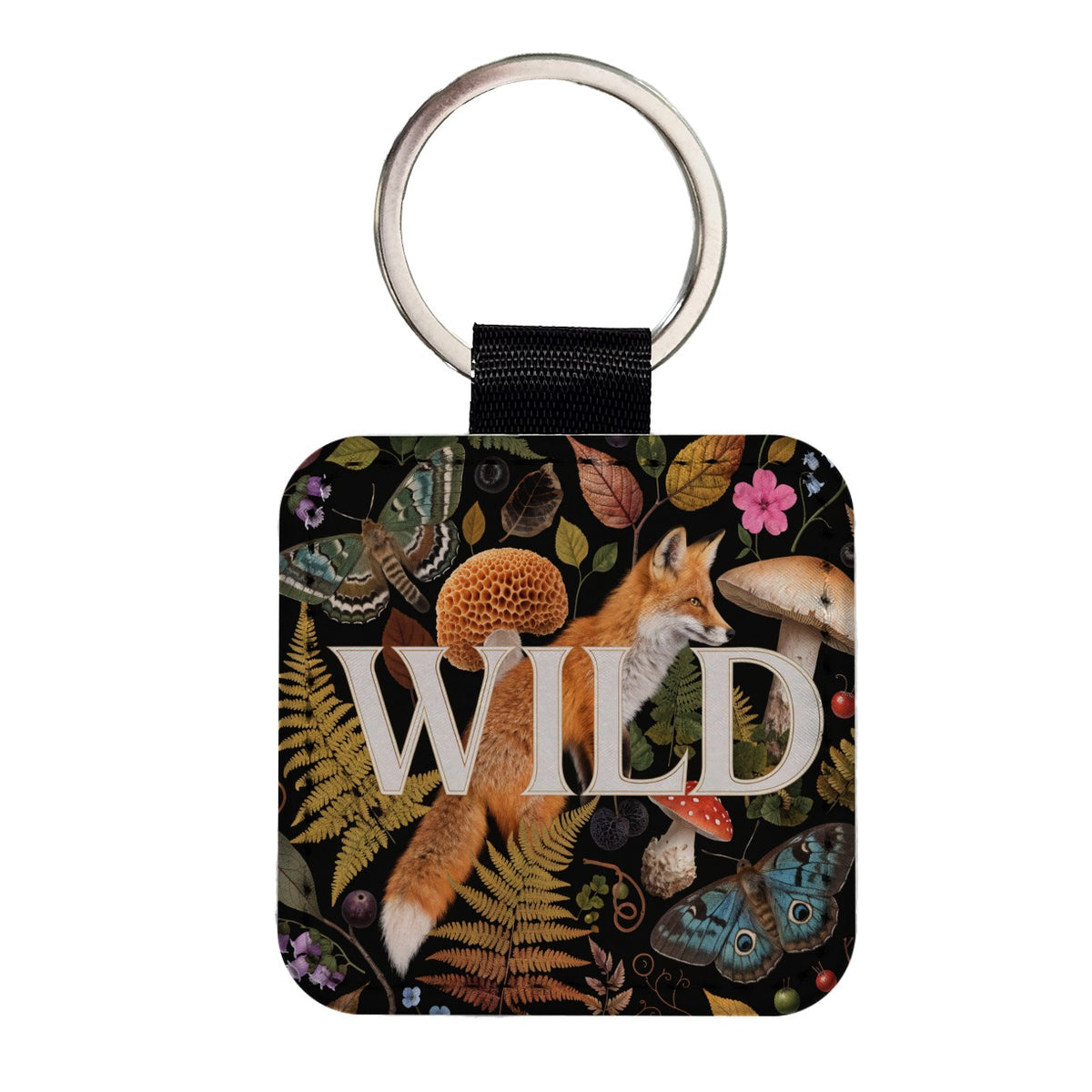 Wild Fox Woodland Wildlife Square Faux Leather Keychain
