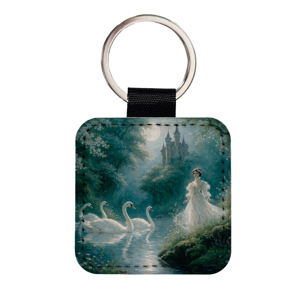 Wild Swans Fairy Tale Square Faux Leather Keychain