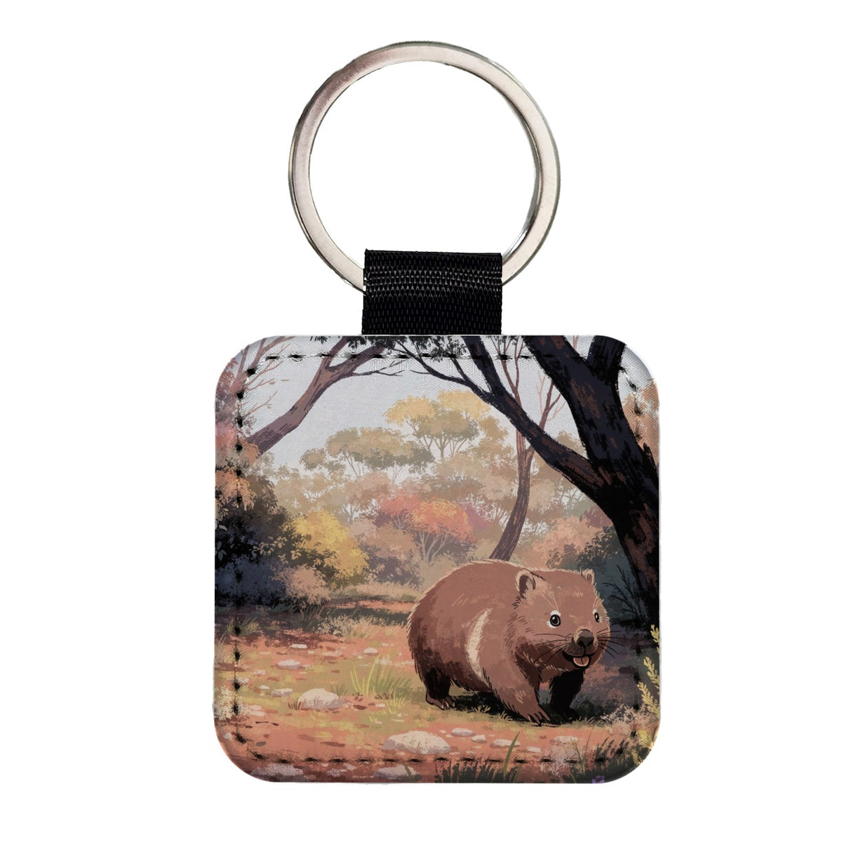 Wombat Australian Bush Square Faux Leather Keychain