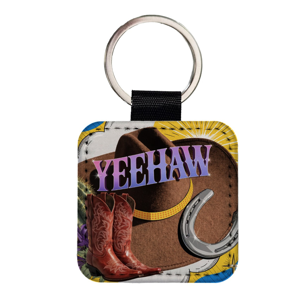Yeehaw Cowboy Hat Boots Funny Square Faux Leather Keychain
