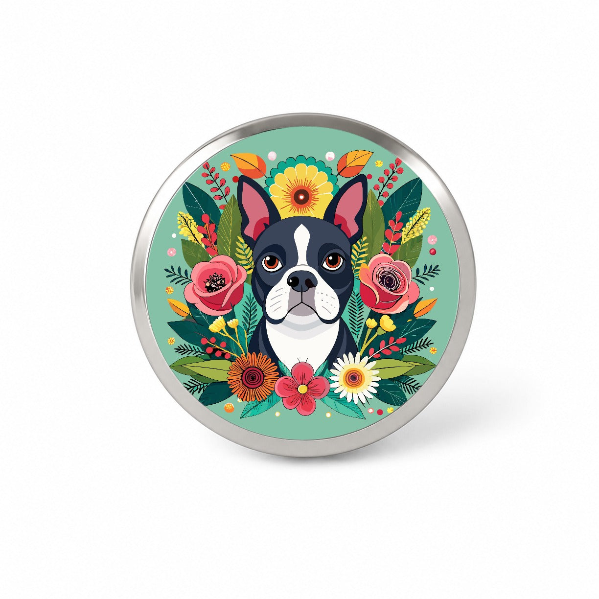 Boston Terrier Dog Floral Flowers Novelty Hat Backpack Lapel Pin