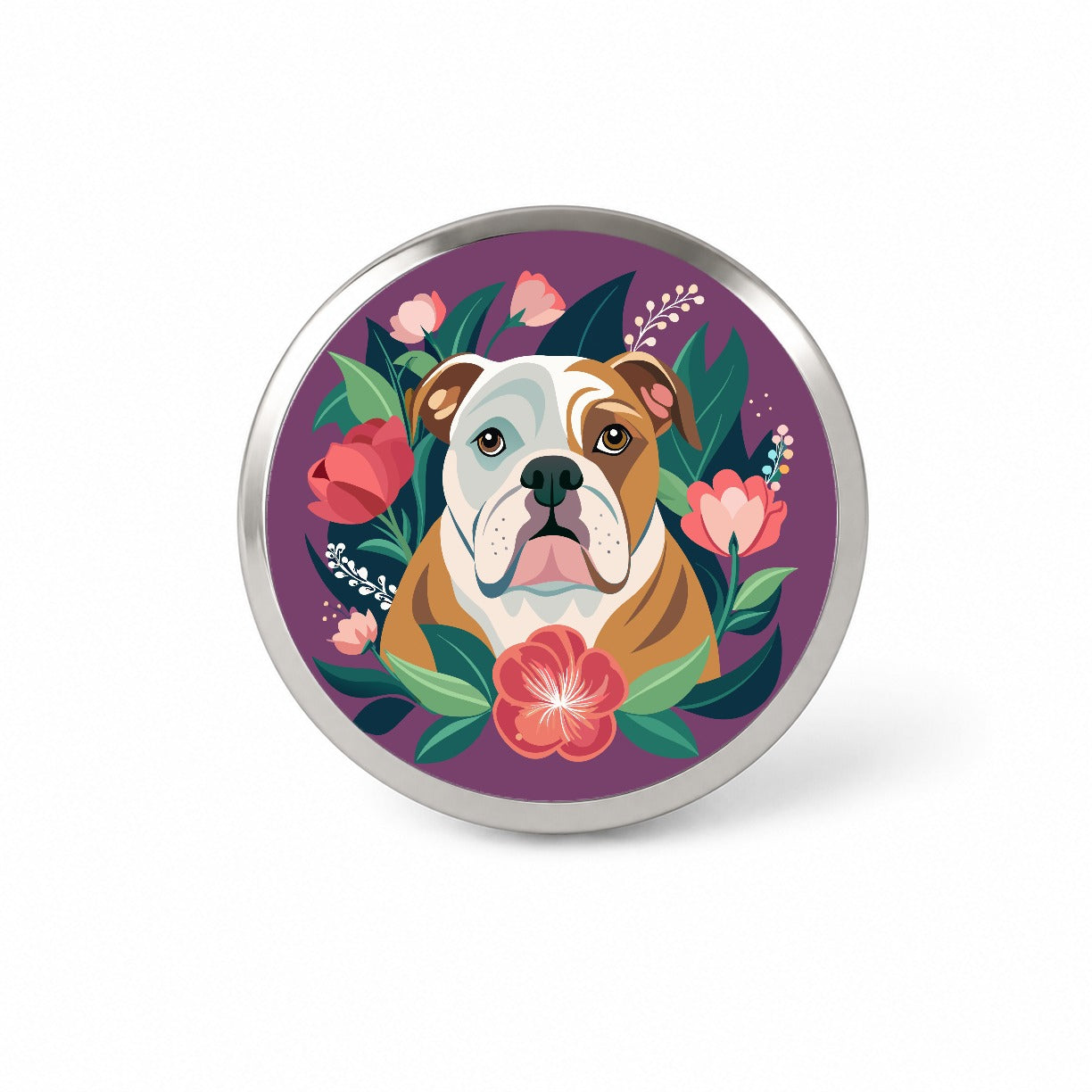 Bulldog Dog Floral Flowers Purple Background Novelty Hat Backpack Lapel Pin